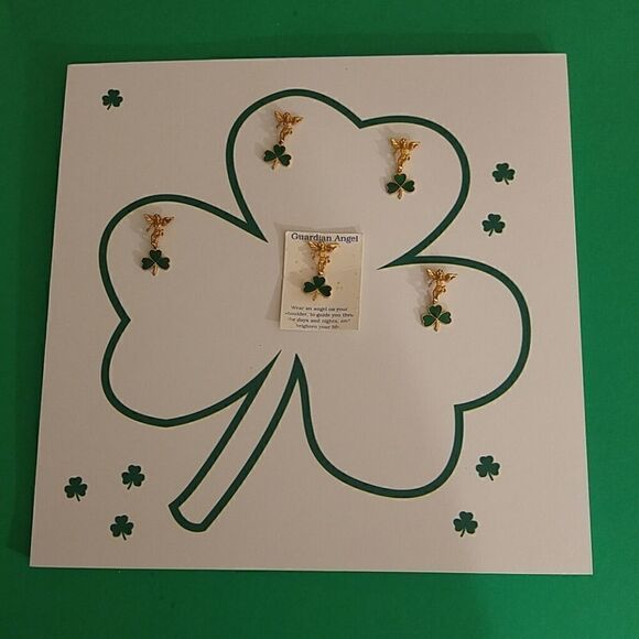 LADIES GUARDIAN ANGEL GREEN SHAMROCK. & GOLD PIN - Picture 1 of 3